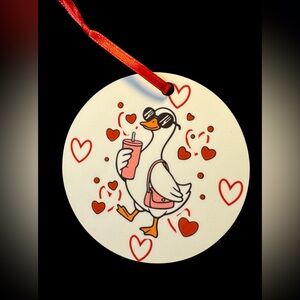 Silly Goose Hearts Valentine’s Day Round Wooden Ornament Red And Pink